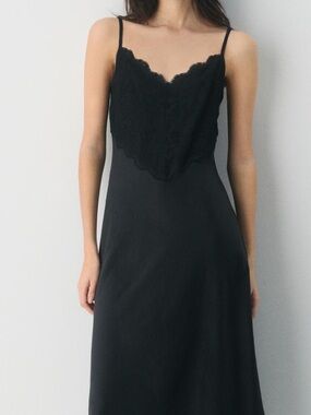 Aritzia Black Memorize Satin Lace-Trim Slip Dress Size Small